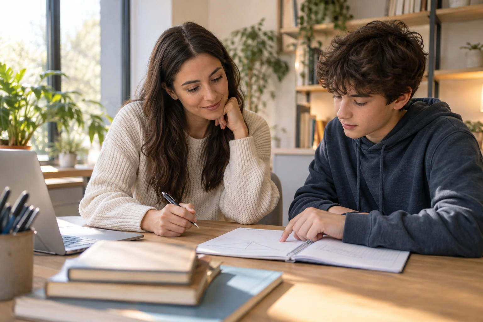 A maths tutor working through a geometry question with a student